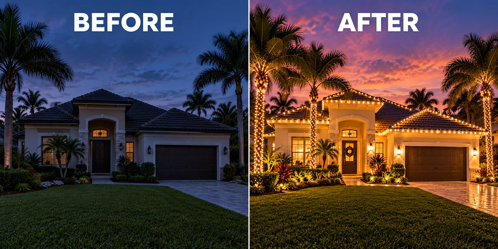 The same Florida home before and after: dark at dusk, then lit roofline, palms and front entry