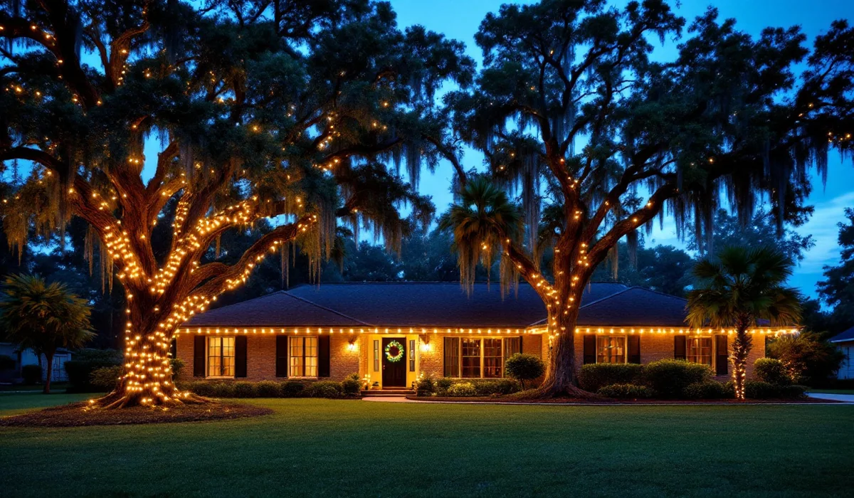Ranch home under live oaks with lit trunks and roofline