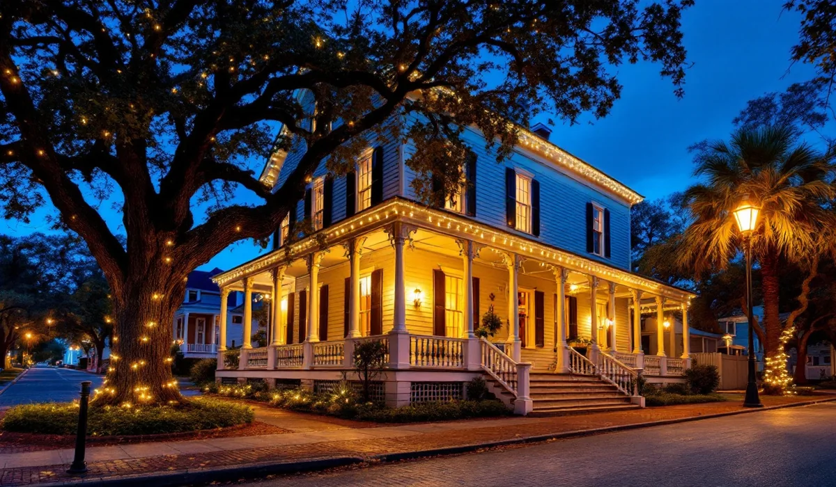 Historic porch home with lit columns and rails on a brick street