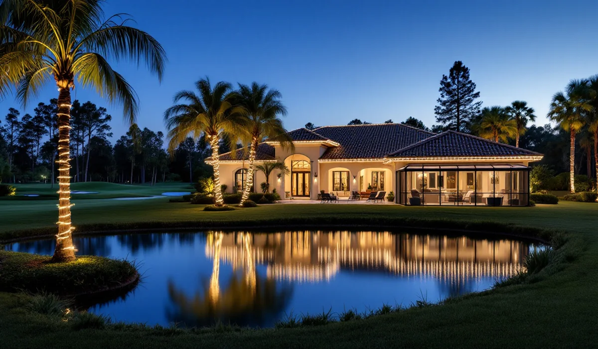 Golf-course home with lit roofline and palms reflected in a pond