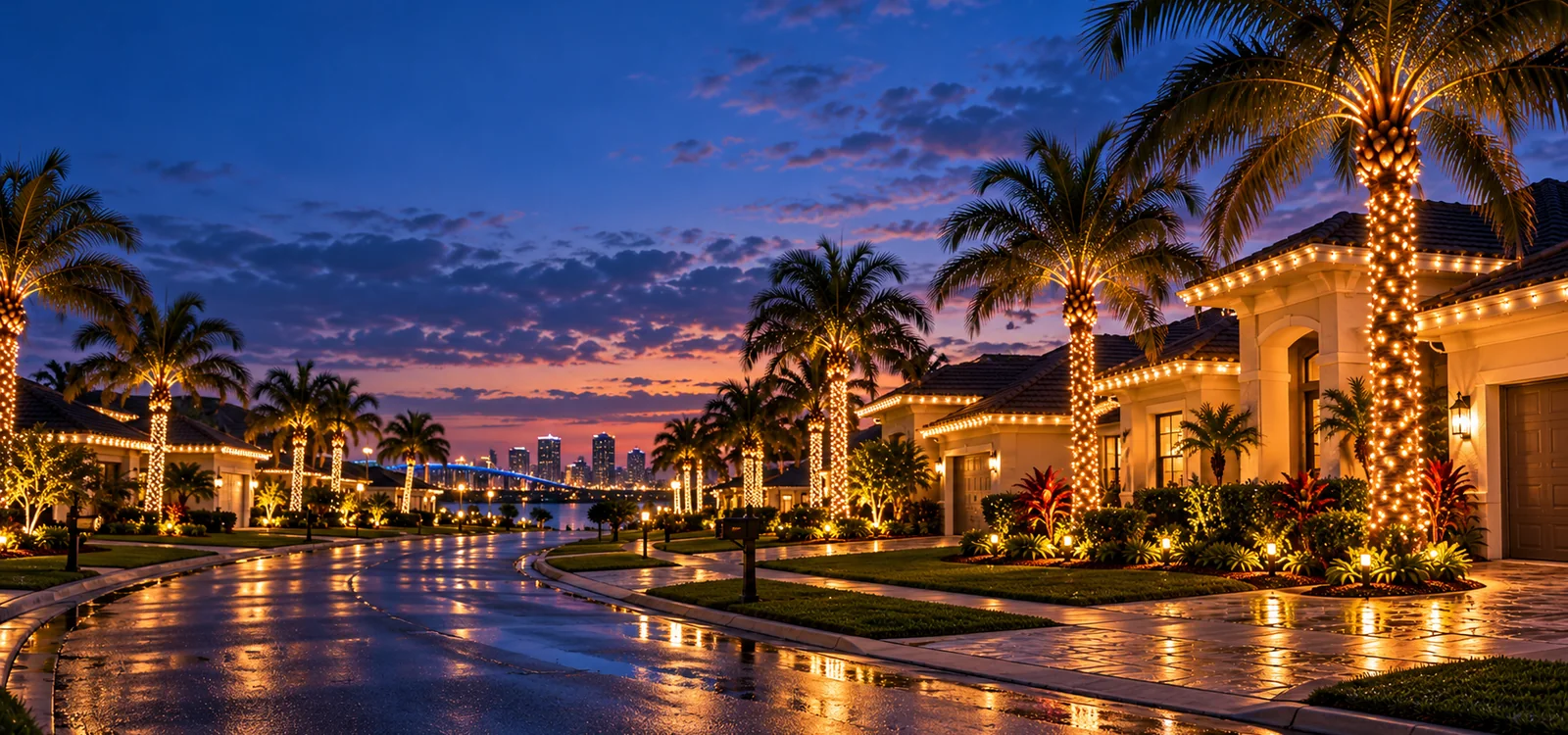 A Jacksonville street of lit homes and palms at blue hour