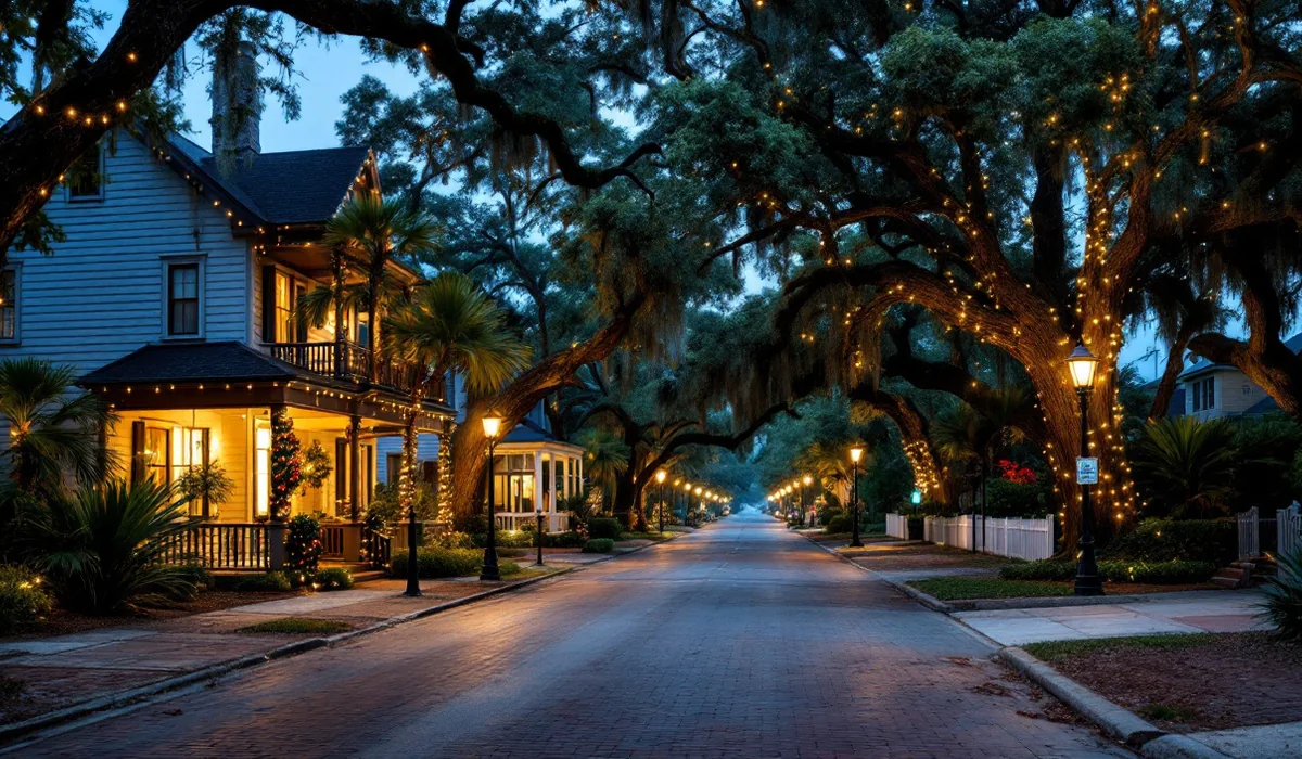Historic Jacksonville street with porches and live oaks lit for Christmas