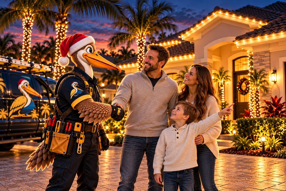 Family and the Pelican installer in front of their newly lit home