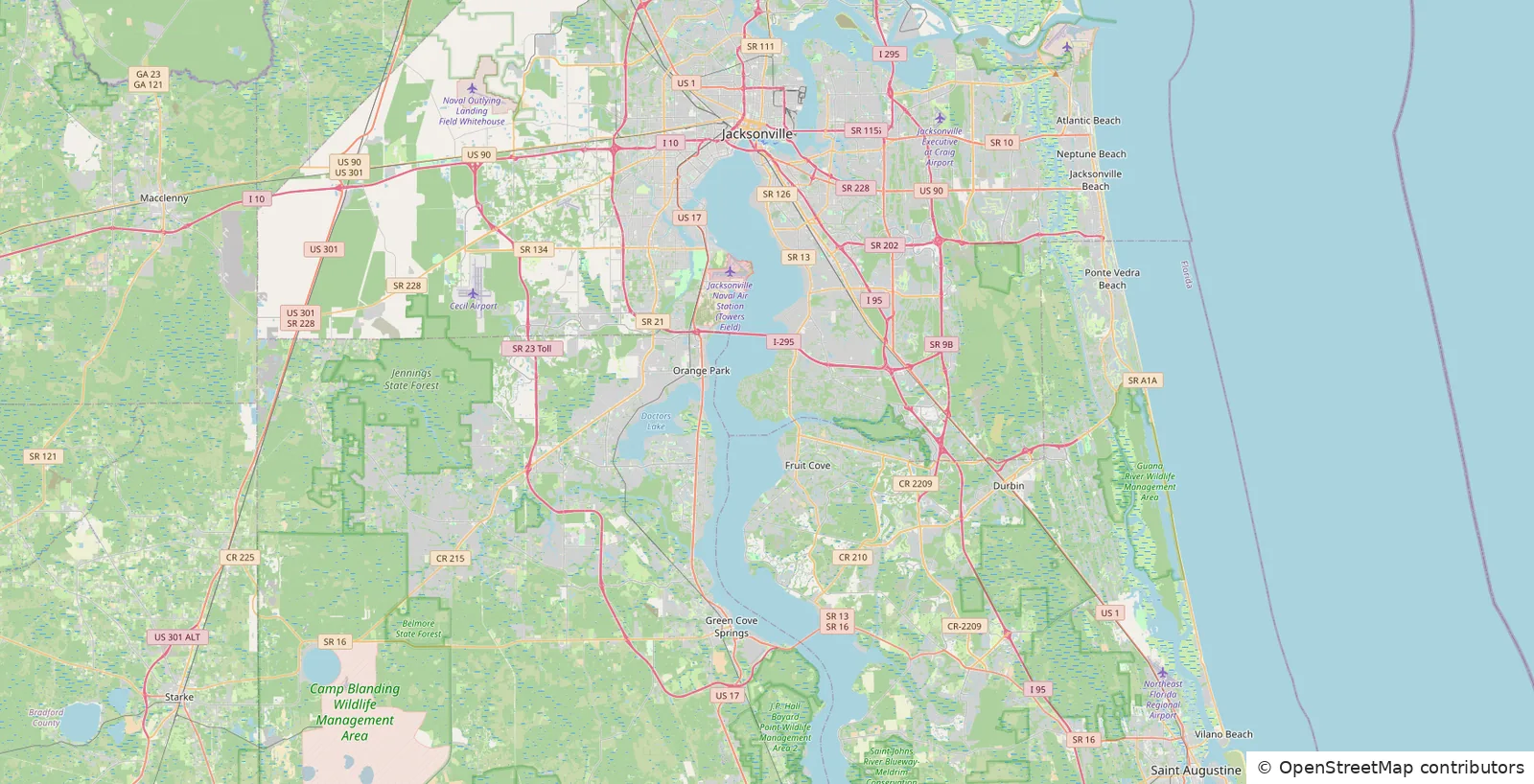 Map of the Pelican Holiday Lights service area from Jacksonville to St. Augustine