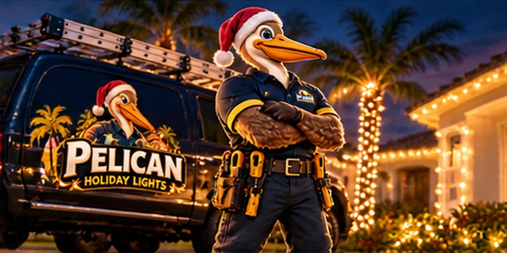 Pelican Holiday Lights installer standing by the branded truck in front of a lit home